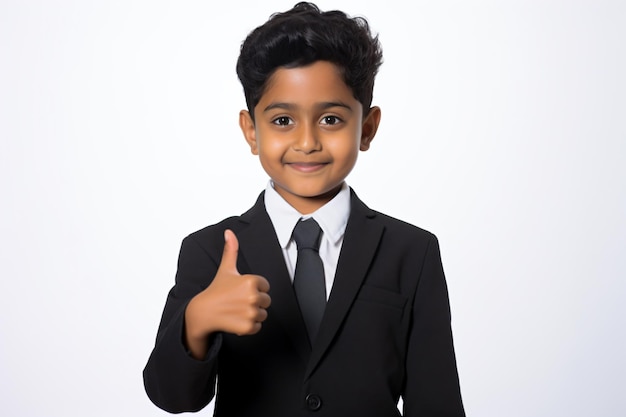 a young boy in a suit giving a thumbs up