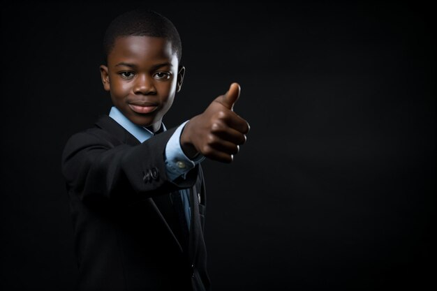 a young boy in a suit pointing at the camera