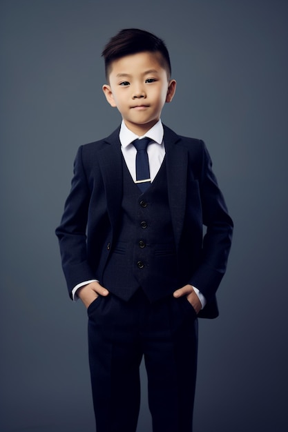 A young boy in a suit with a tie on his chest