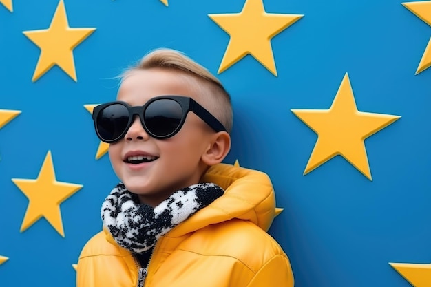 Photo young boy in sunglasses and yellow jacket