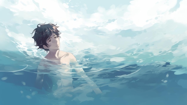 A young boy swimming in the sea anime image generative AI