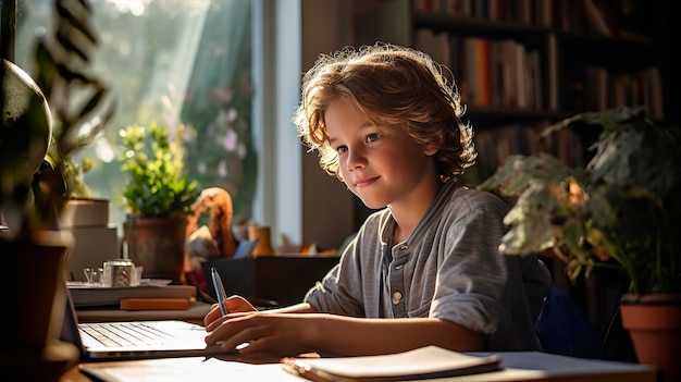 Young boy using laptop for online