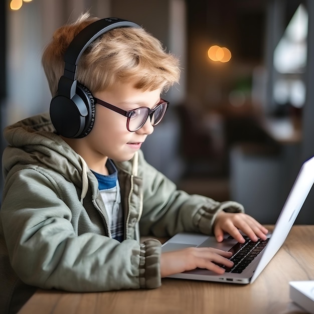 Young Boy Using Laptop and Wearing Headphones