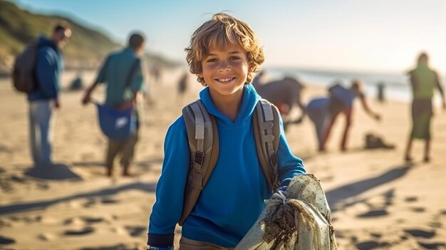 Young boy volunteer smiling looking at a camera picking up a plastic litter on a beach