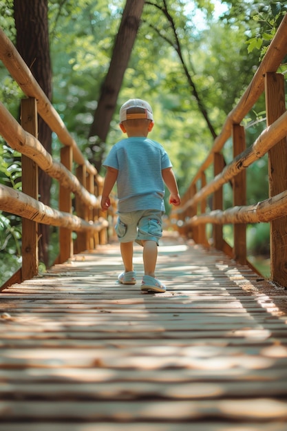 Photo a young boy walking across a rustic wooden bridge ideal for nature or childhood themes