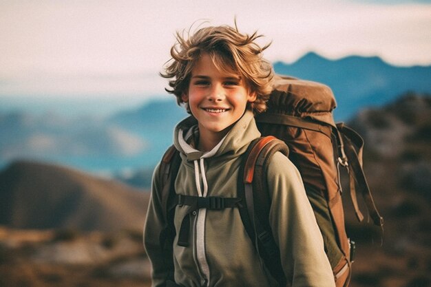 Foto ragazzo che cammina in cima alla montagna con lo zaino che sorride alla telecamera