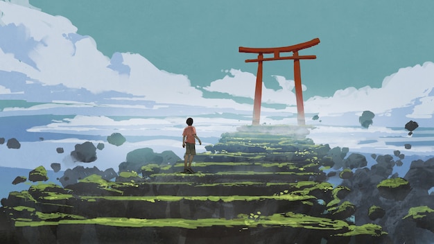 young boy walking up the stairs to the Torii gate, digital art style, illustration painting