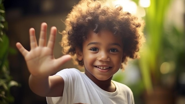 Photo a young boy waving his hand in the air