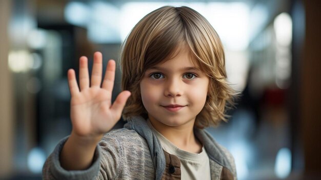 Foto un ragazzino che agita la mano con un maglione addosso