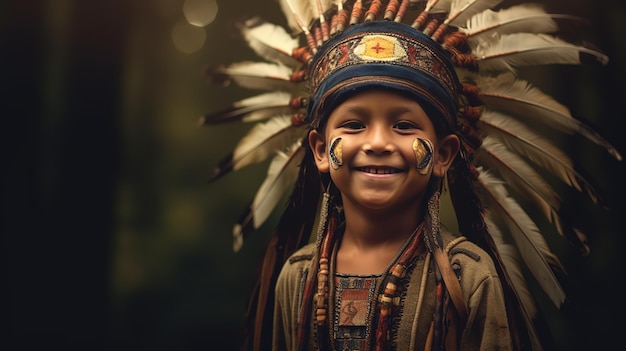 young boy wearing American native warbonnet