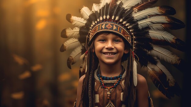 young boy wearing American native warbonnet