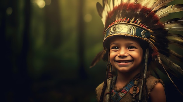 young boy wearing American native warbonnet