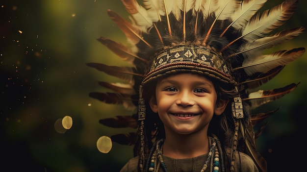young boy wearing American native warbonnet