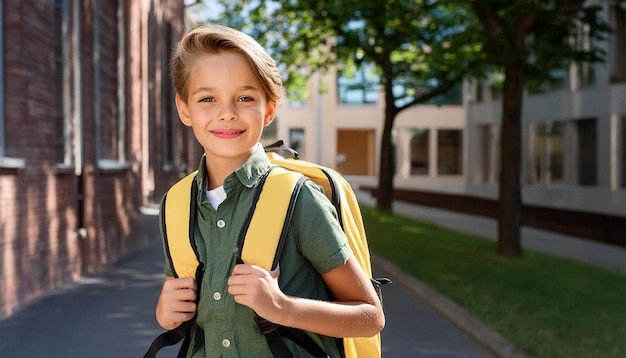 a young boy wearing a backpack with a yellow backpack on it back to school