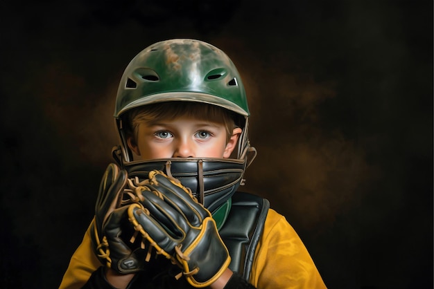 Мальчик в бейсбольной форме и с кетчерской перчаткой.