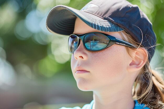 Photo a young boy wearing a blue hat and sunglasses is wearing a blue shirt with a white logo