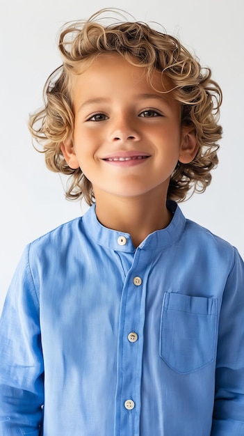 A young boy wearing a blue shirt and smiling