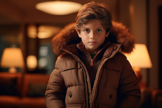 Foto un ragazzino che indossa una giacca marrone con un cappuccio di pelliccia