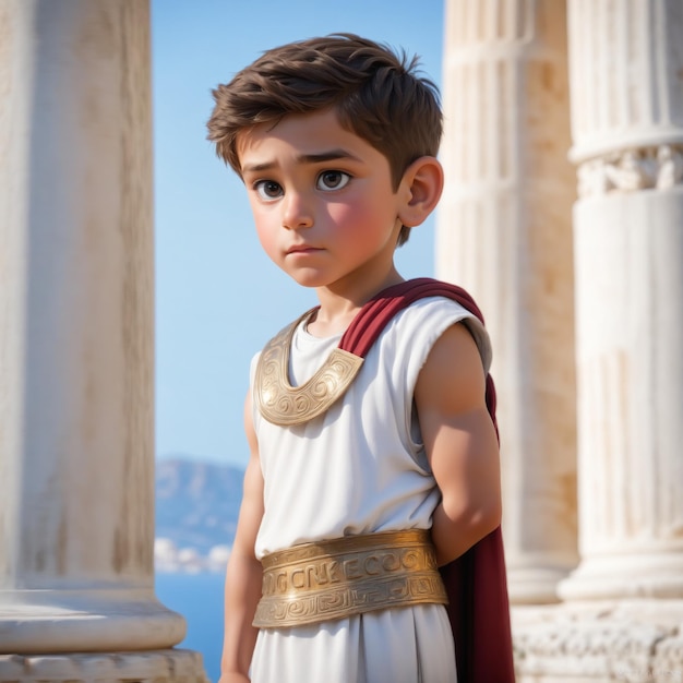 a young boy wearing a cape stands in front of a column.