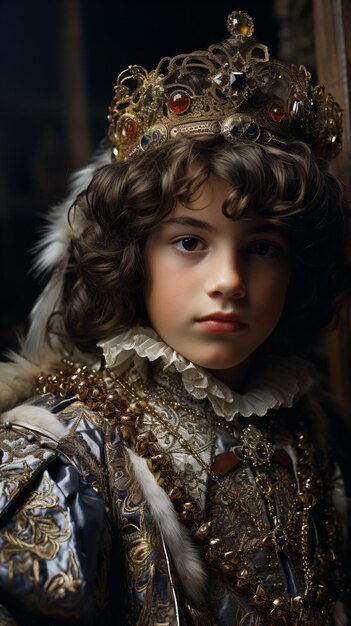 a young boy wearing a crown and a gold dress