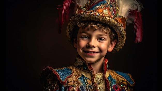 A young boy wearing a fancy hat and a fancy dress