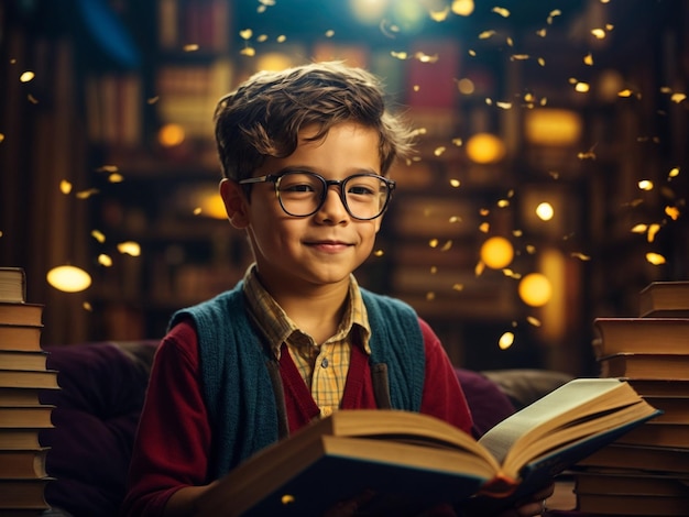 Young boy wearing glasses and reading a book happy