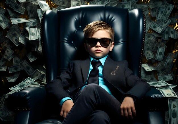 Photo young boy wearing glasses sitting in black chair with money