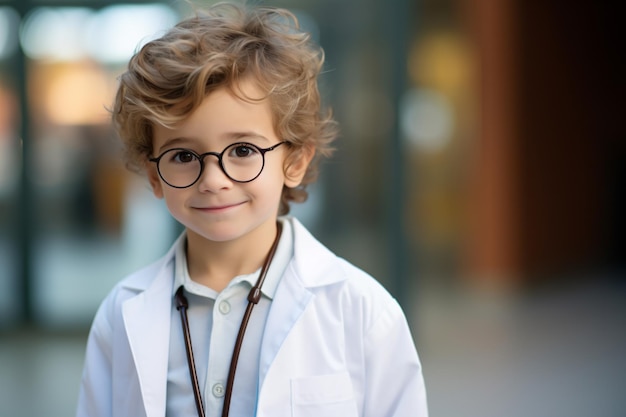 a young boy wearing glasses and a white coat