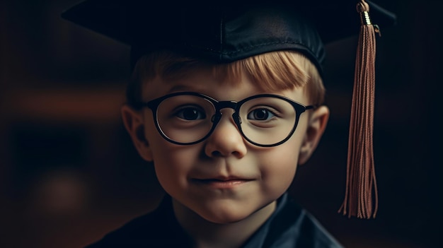 A young boy wearing a graduation cap and gown with a tassel on it.