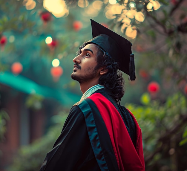 a young boy wearing graduation gown and hat looking the sky