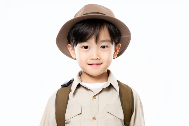 a young boy wearing a hat and a backpack