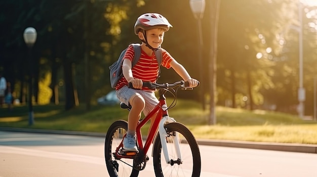 헬멧을 쓴 어린 소년이 자전거를 타고 있습니다. 안전에 대한 자신의 의지를 보여주기 위해 자전거 타기를 즐깁니다.