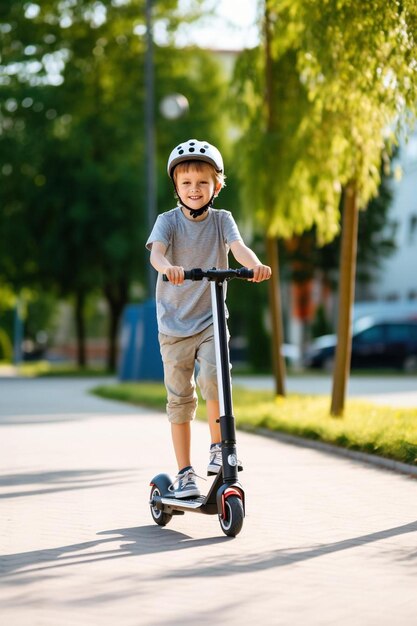 a young boy wearing a helmet rides a scooter with a helmet on