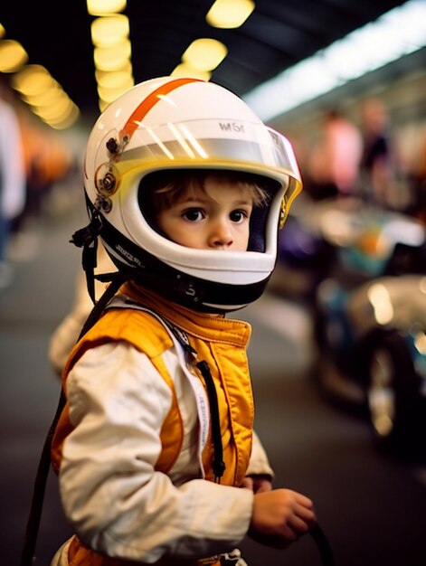 a young boy wearing a helmet with the word " on it.