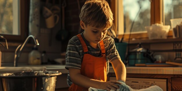 Foto un ragazzino che indossa un grembiule arancione è visto lavare i piatti in una cucina questa immagine può essere usata per raffigurare le faccende domestiche o insegnare ai bambini la responsabilità