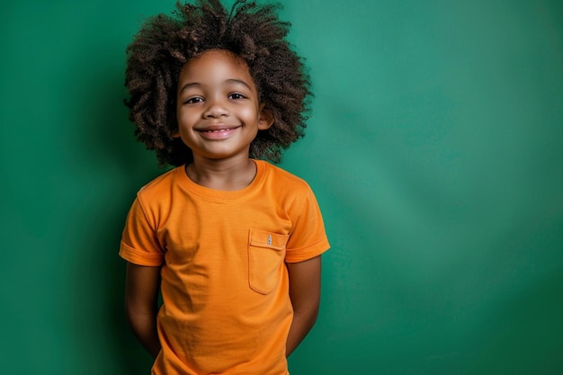 Foto un ragazzino che indossa una camicia arancione che dice che sta sorridendo