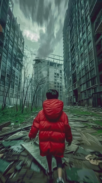 A young boy wearing a red coat walks through a city street The sky is cloudy and the buildings are tall and grey