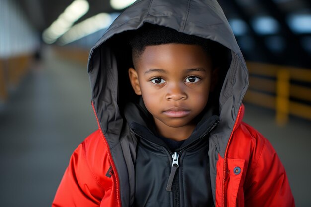 a young boy wearing a red jacket and hoodie