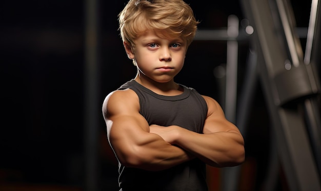 Photo a young boy wearing a red shirt and black pants