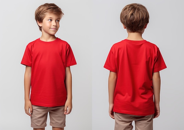 Young Boy wearing a Red Tshirt Front and back view mockup on white background