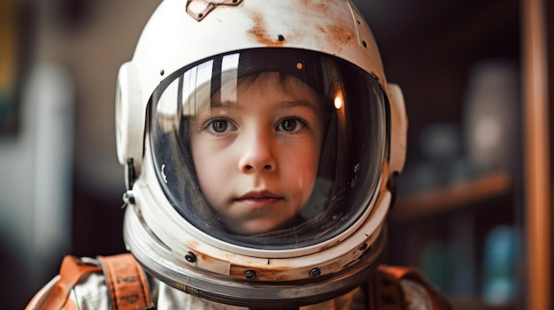 A young boy wearing a space suit with a helmet on.