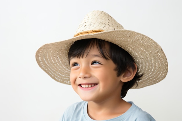 a young boy wearing a straw hat and smiling