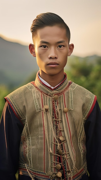 a young boy wearing a traditional clothing with a mountain background.