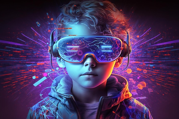 Photo young boy wearing vr virtual reality headset neon lights and lines futuristic technological theme