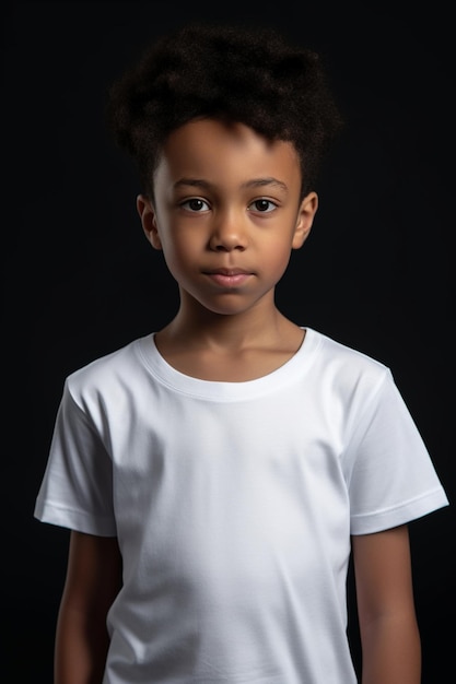 A young boy wearing a white t - shirt against a black background