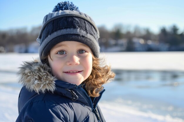 Foto un ragazzino con un cappello e un cappotto da inverno in piedi nella neve