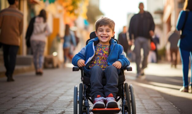 Photo young boy in wheelchair embracing independence on vibrant urban boulevard