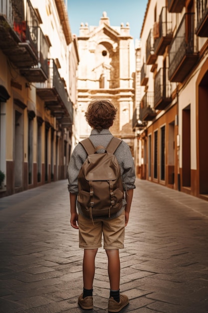 A young boy with a backpack standing on a city street