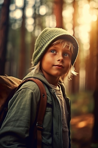 A young boy with a backpack in the woods Generative AI image