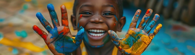 A young boy with a beaming smile displays his hands covered in vibrant paint